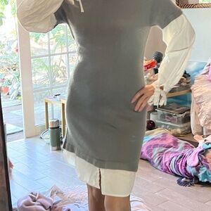 Chic Long Sleeve Gray Sweater Dress with White cotton shirt detail S-M